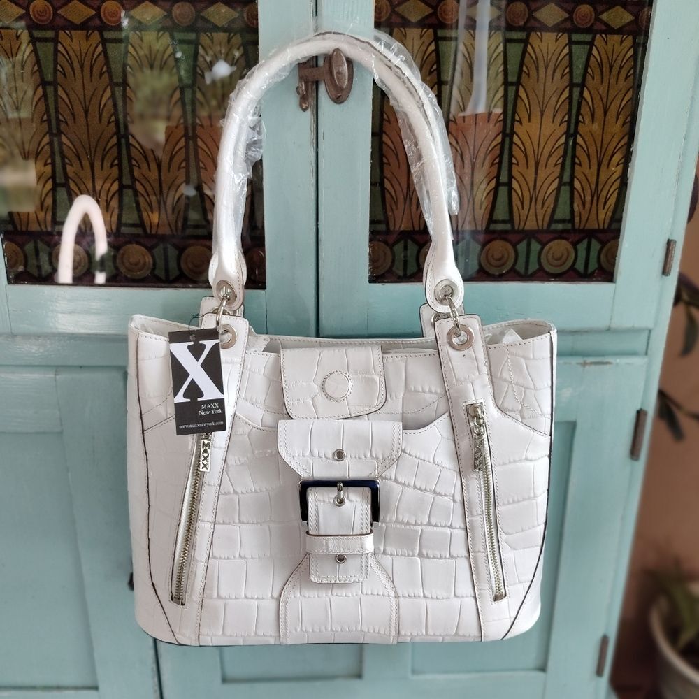 Maxx New York White Croc Embossed Leather Purse Shoulder Bag New with Tag